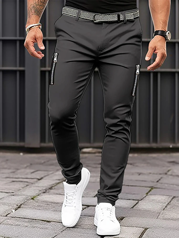 Pantalon cargo en coton pour hommes, pantalon de fitness, pantalon de course, pantalon d'entraînement, pantalon crayon à fermeture éclair, poche patchwork, pantalon slim, monochrome, loisirs, quatre saisons