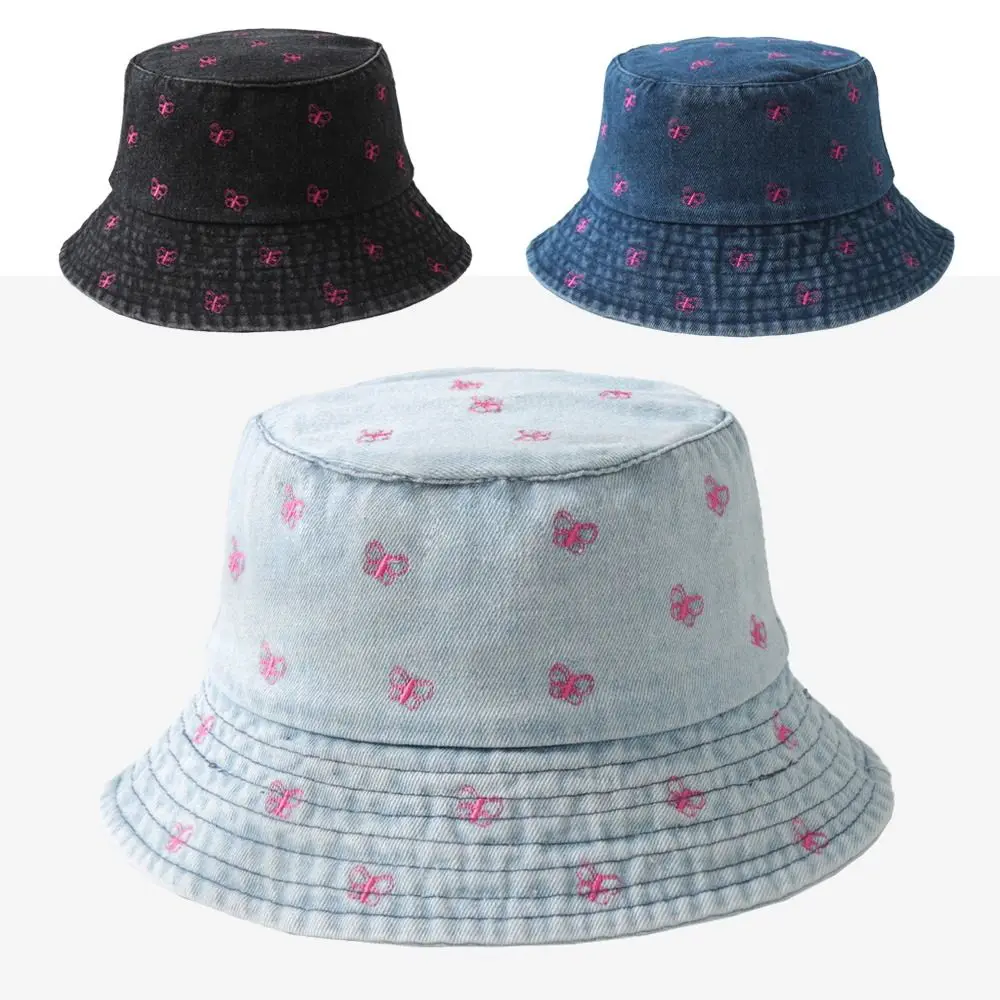 Cute Watermelon Strawberry Embroidered Denim Bucket Hat Butterfly Pattern Wide Brim Beach Hat Denim Fisherman Hat Travel
