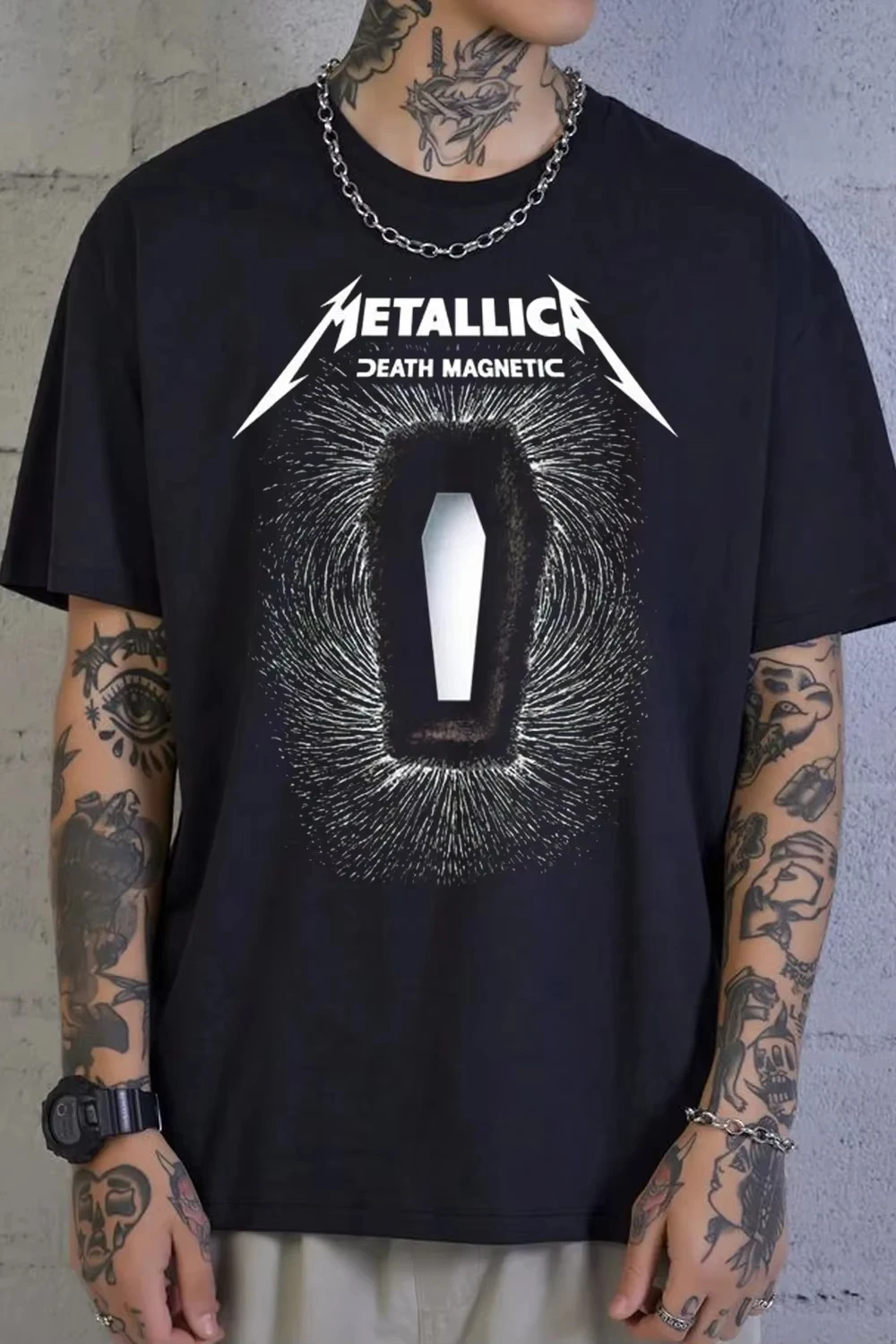 2026 new Men's cotton T-shirt, retro font, women's Justice Goddess statue, pattern print