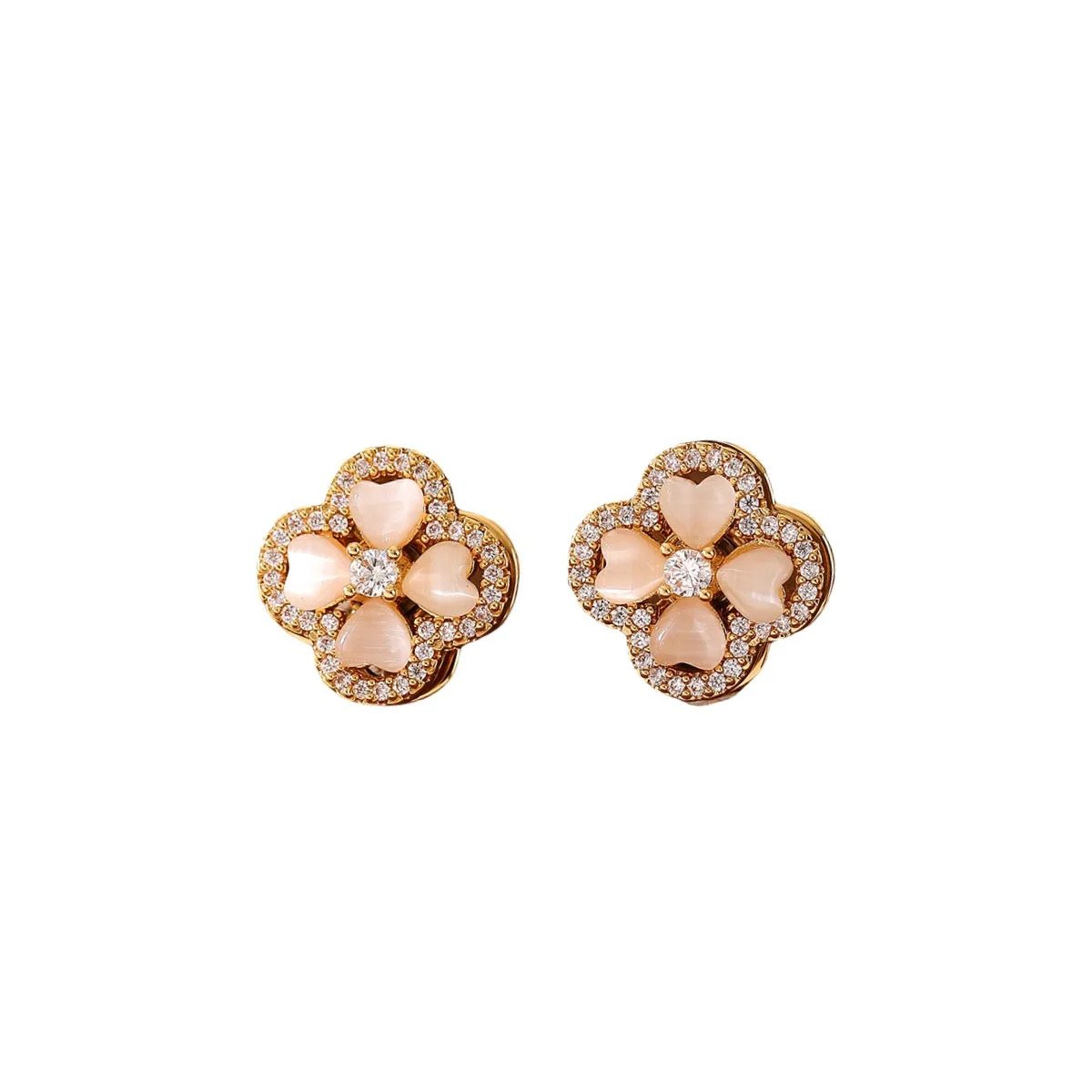 Micro-set zirconium four-leaf clover stud earrings, fashionable and versatile rotating ear jewelry.