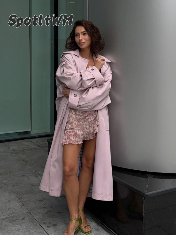 Solid Oversized Women Long Trench Coat Double Breasted Lapel Collar Checkered Lining Jacket 2026 Lady Autumn Casual Outerwear