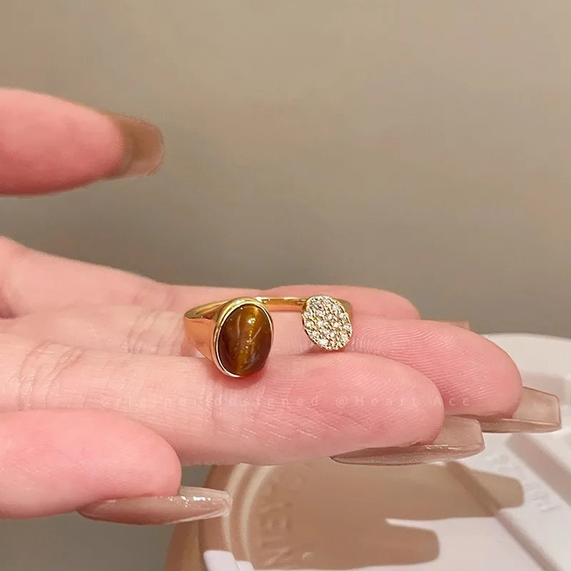 Gold Color Plated Zircon Tiger Eye Stone Opening Rings for Women Designer Luxury Index Middle Finger Ring Sets Jewelry Accessory