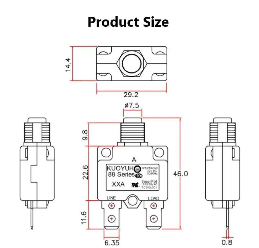 KUOYUH 88 Series 5A 6A 7A 8A 9A 10A 12A 15A 20A 25A 28A Mini disyuntor reinicio Manual interruptor Protector de sobrecarga