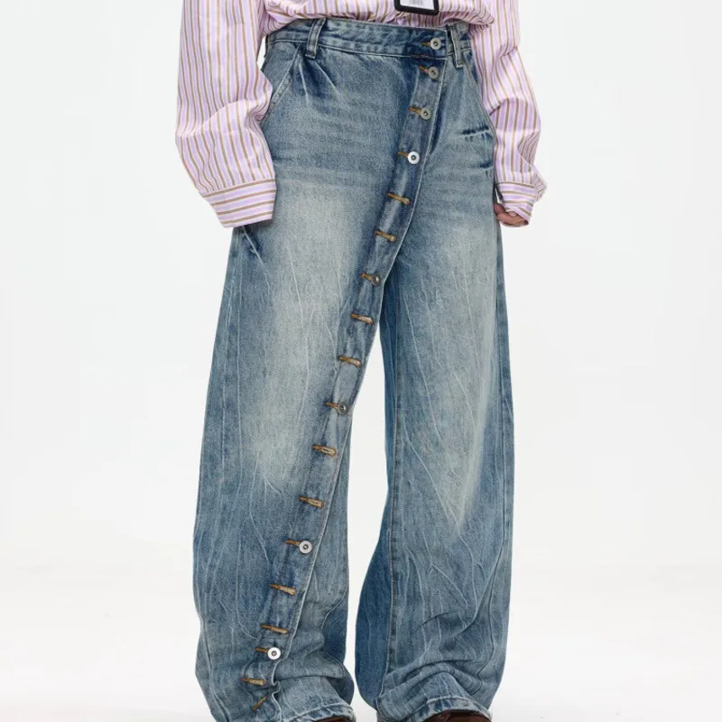 HKSH Women Chic Jeans Niche Design Asymmetrical Buttoned Distressed Washed High Street Retro Tide Denim Pants New Spring HK20449