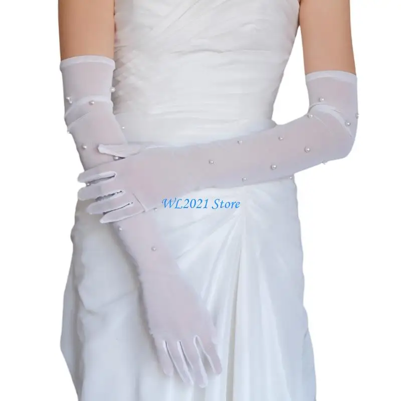 

G5GC Elegant Gloves Pearls Full Finger for Proms Concert Evening Banquet Accessory Long Gloves for Bride and Bridesmaids