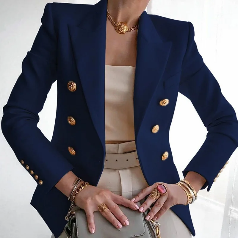 Blazer fino de peito duplo feminino, moda vintage, senhora elegante do escritório, terno casual de manga longa, outono e inverno