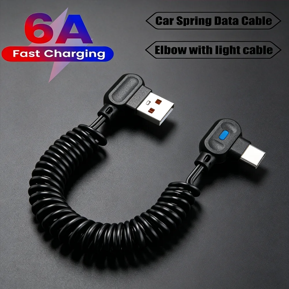 Cabo USB C 6A com Conector em Ângulo de 90 Graus, Carregador Rápido, Cabo de Dados de Alta Velocidade, Cabo Retrátil com Molas PD