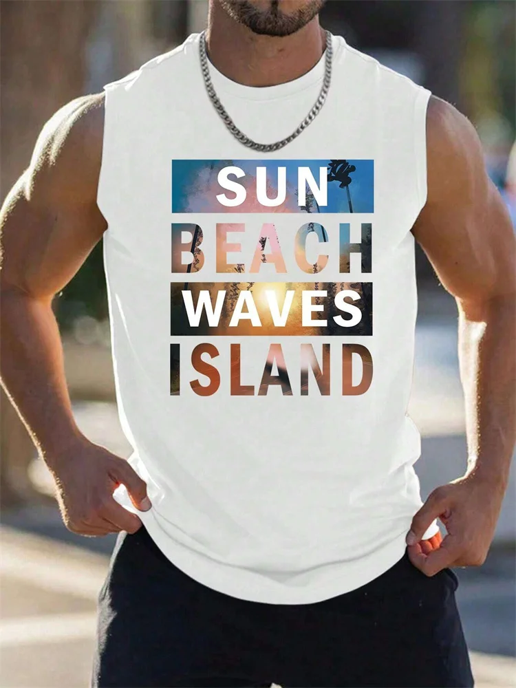 3D Simple Letter Printed Vest New Men\'s Summer Leisure Holiday Clothing Beach Sunbathing Breathable Loose Crew-Neck Vest