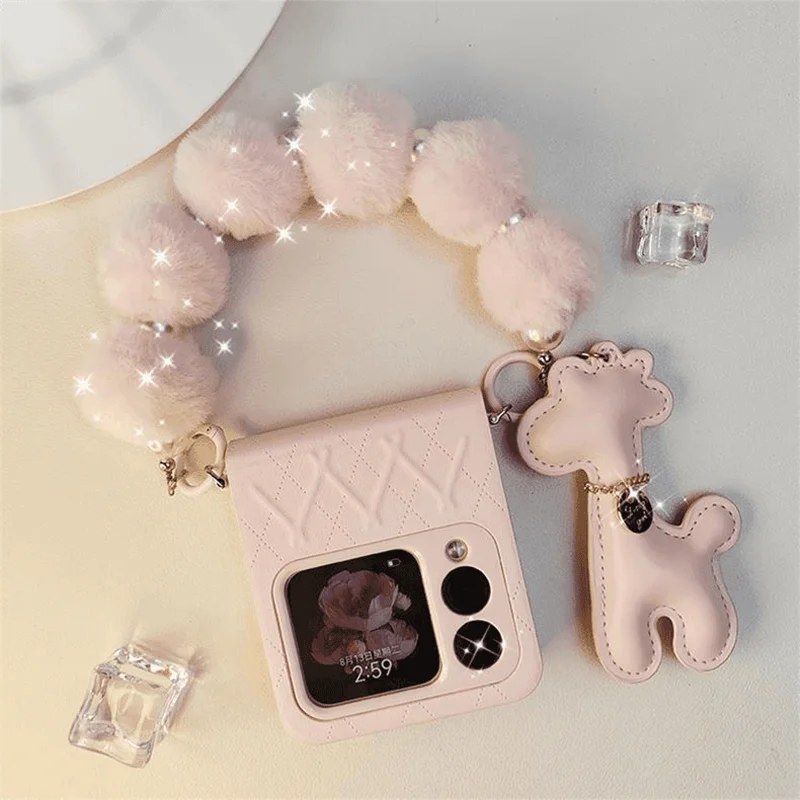 

Pink Phone Case for Xiaomi Mix Flip/Huawei Nova Flip/Honor Magic V Flip Case shockproof Cover &Plush Bracelet &Cute deer pendant