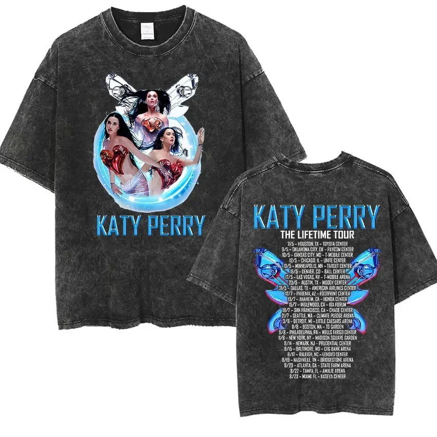 Customization Shirt Washed Vintage Katy Perry The Lifetimes Tour 2025 Double Sided Print T-Shirts Men Women Summer Casual Fashio