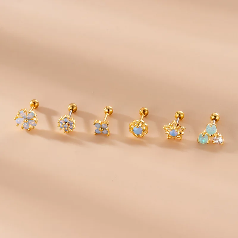 1Piece Blue Opal Stone Cartilage Stud Earring 20G Stainless Steel 0.8mm Ear Conch Helix Snug Screw Back Earring Piercing Jewelry