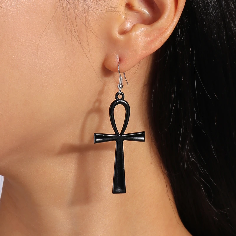 Vintage Traditional Egyptian Ankh Cross Pendant Earrings Life Symbol Flower Cross Pendant Earrings