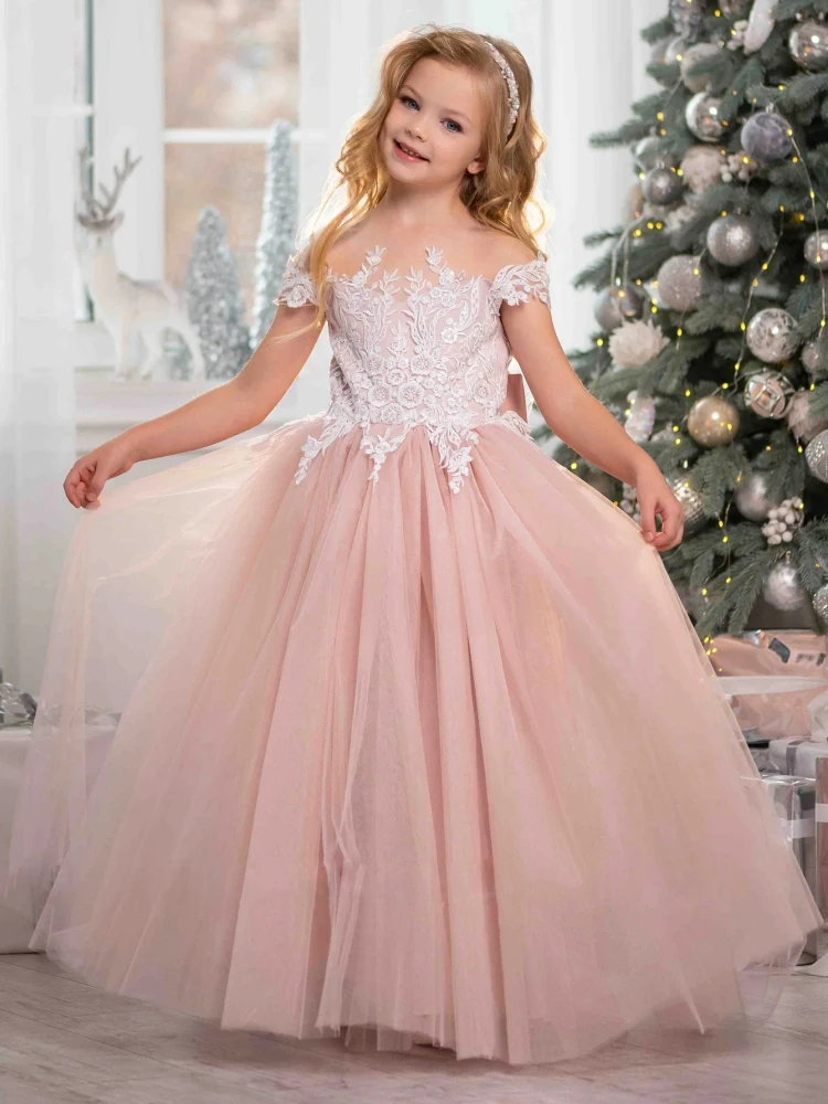 

Flower Girl Dresses Pink Tulle White Flory Pattern With Bow Short Sleeve For Wedding Birthday Party First Communion Gowns