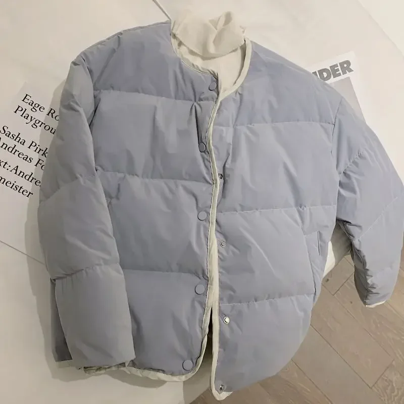 Vintage Blue Parkas Women Korean Fashion Casual Cotton Padded Coat Female Autumn Winter Single Breasted Oversized Thin Outerwear