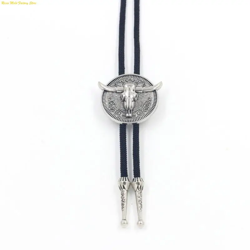 

MXME Handcraft Rope Bolo Tie with Engraved Bullhead Designs Pendant Necktie for Western Theme Party Roleplay Collar Tie