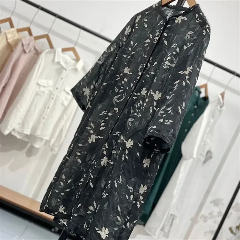 Chemisier en lin à imprimé floral rétro pour femmes, chemise élégante à simple boutonnage, col rond, manches 3/4, niche ary