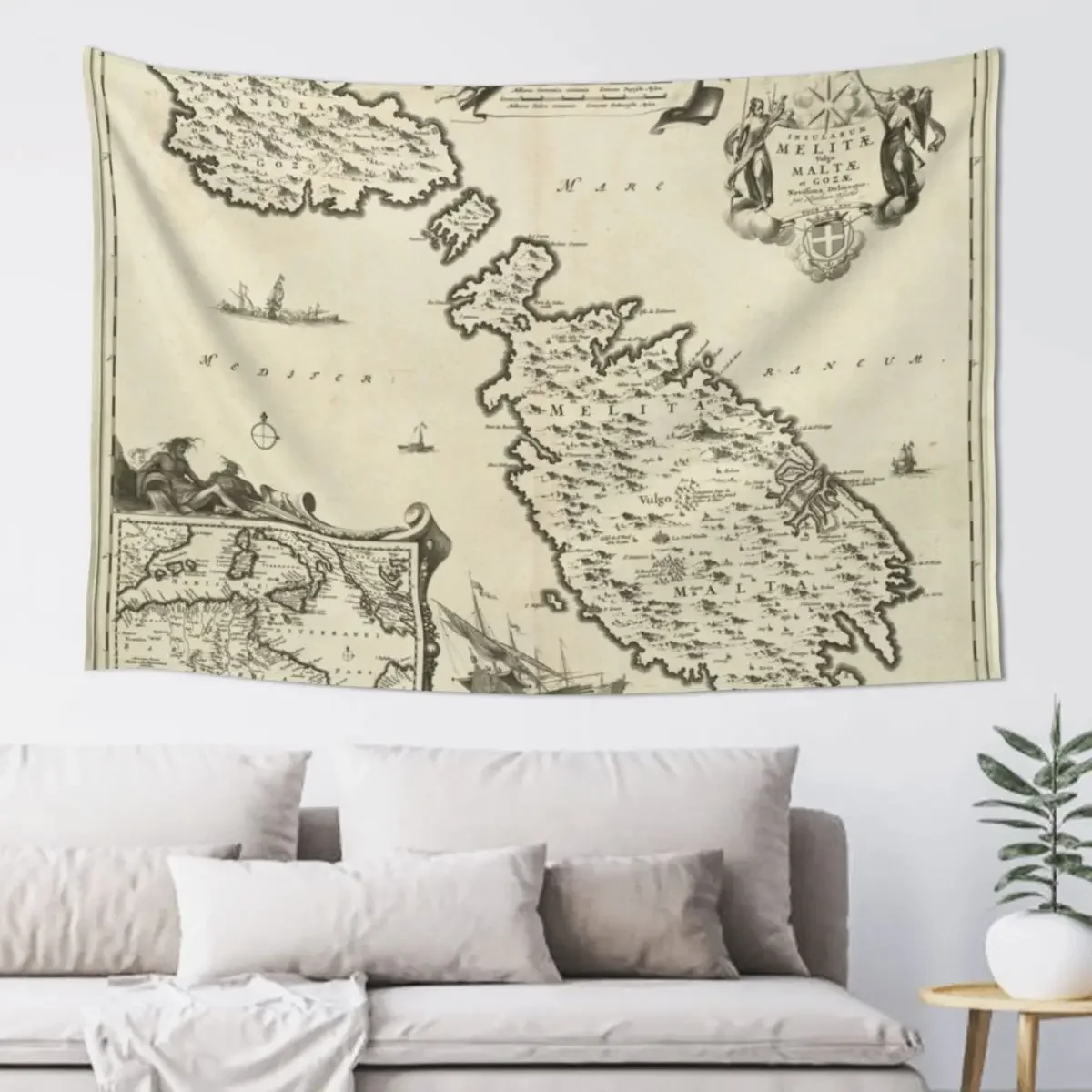 

Vintage Malta Map (1698) Tapestry Wall Mural Decorative Wall Decor For Room Tapestry