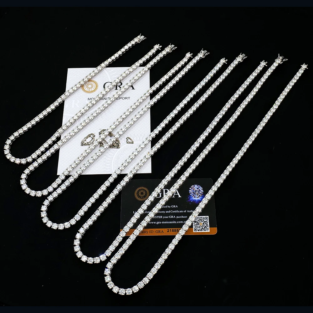 Stocks High Quality Jewelry 925 Silver Necklace White Gold Plated 5mm Round Brilliant Cut Moissanite Tennis Link Chain with GRA