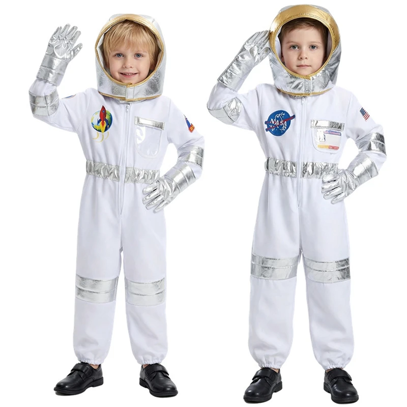 Child Spaceman Costume Halloween Party Outfit with Cap Astronaut Role Play Costume for Kids Boys & Girls Carnival Party