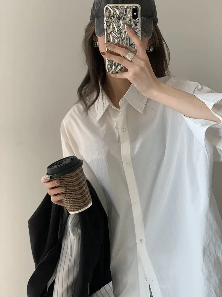 Spring and Autumn versatile fashion women long-sleeved Korean style loose and simple white shirt top with inner and outer layer