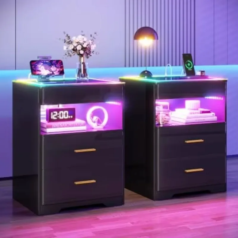 2 Set Smart Lighted Nightstands with Auto Sensor & Charging Station, Black | 20 RGB Light Modes, App Control, Hidden