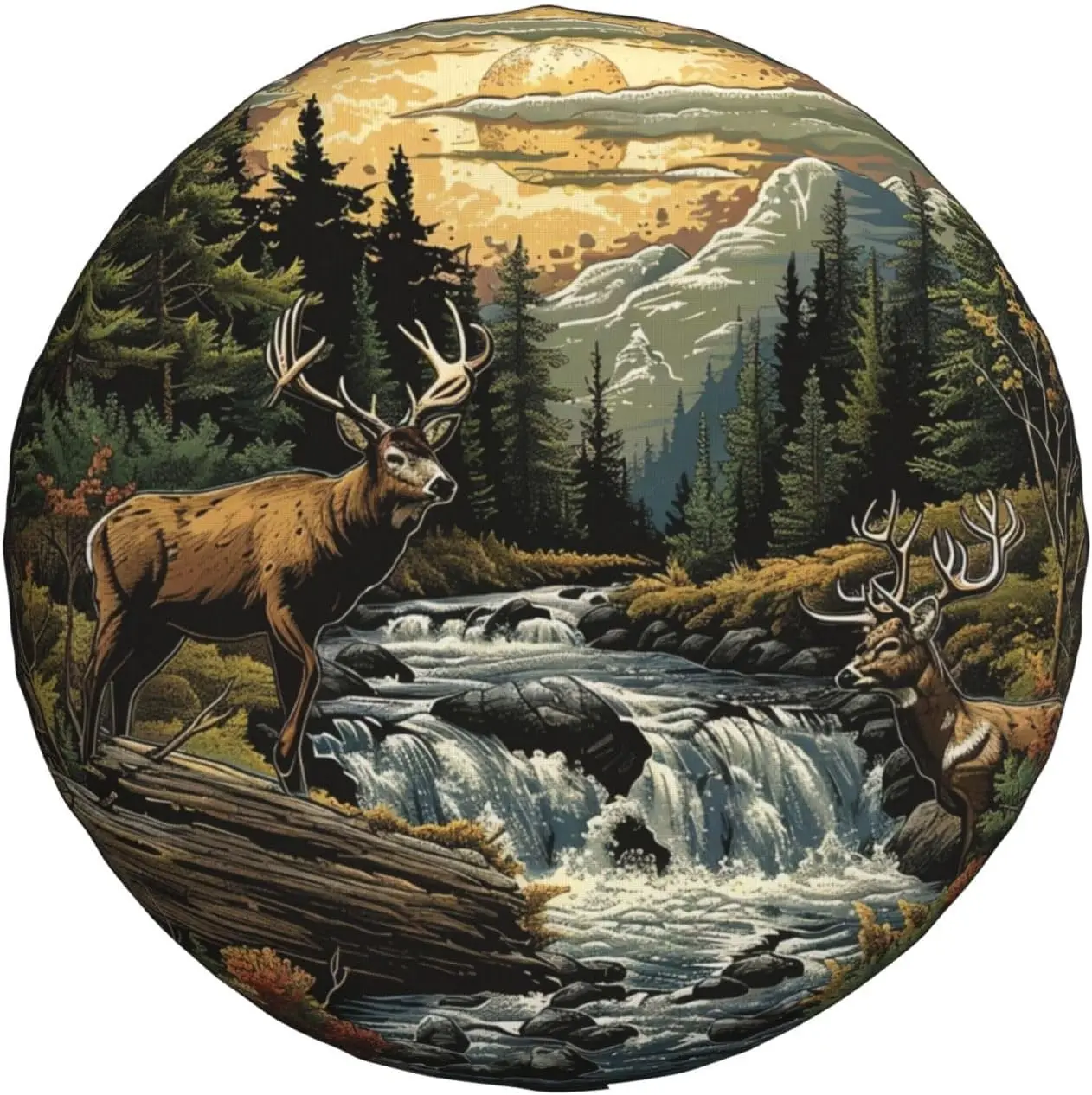 Landscape and Deer Spare Tire Cover Wheel Protectors Weatherproof Deer Pattern Wheel Covers Universal Fit for Trailer RV