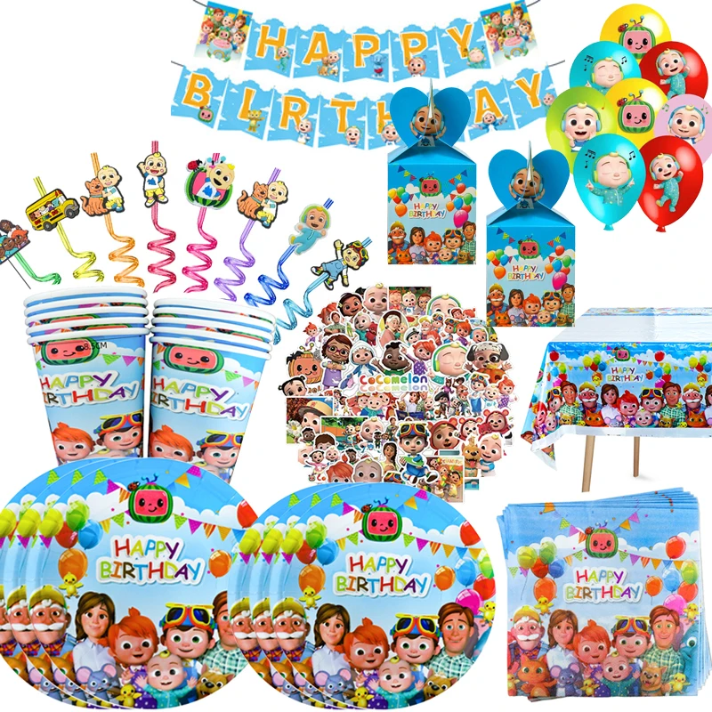 Birthday Party Decoration Coco Melon Paper Tableware Set Tablecloth Sticker Cake Topper Plate for Birthday Party Supplies Gifts