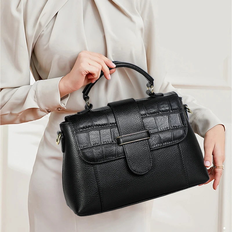 Aidrani Classic Black Leather Handbag: Refined Details, Enduring Style