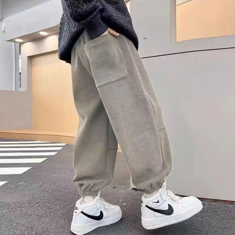 الشتاء الفتيان صوف الضأن بناطيل تدفئة الأطفال موضة خطابات سميكة أفخم Sweatpants المراهقين مبطن بناطيل كاجوال لمدة 5-14 سنة