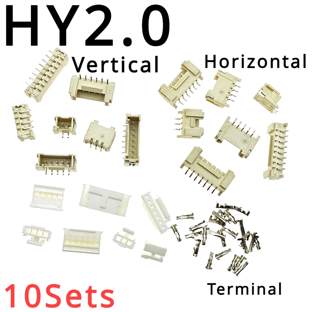 10Sets HY2.0 SMD Connector Kit - 2.0mm Pitch, Vertical/Horizontal Pin Header, 2-8P, Male Plug + Female Housing + Terminal for PC