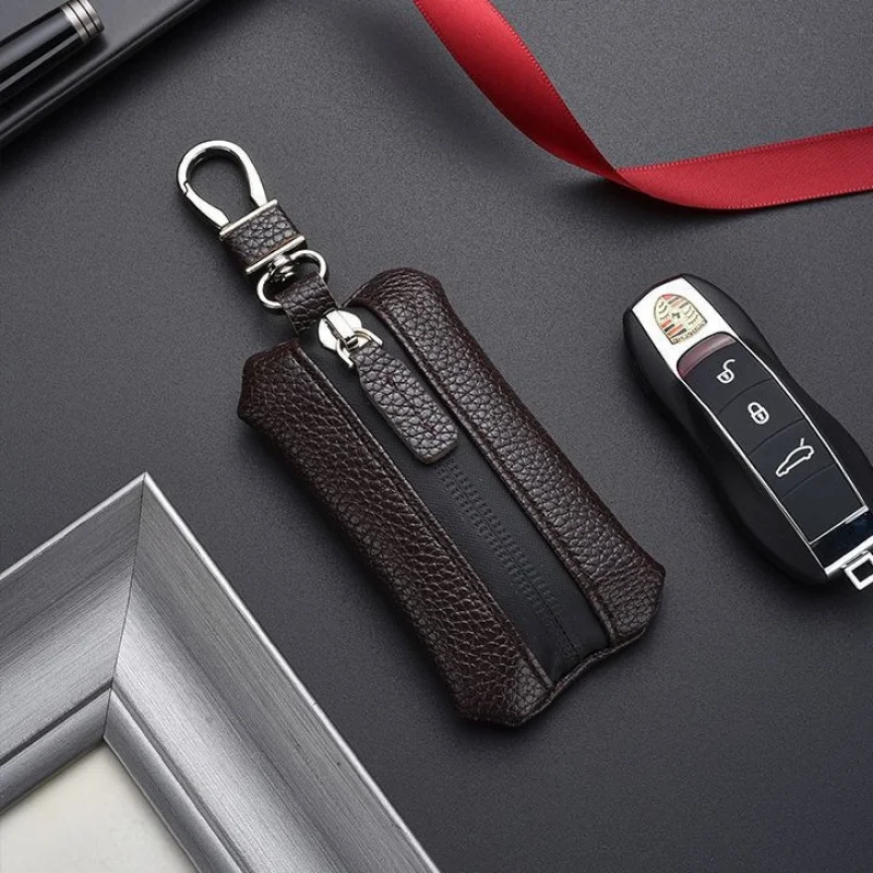 Car Keychain Black Business Car Zipper Fashion Genuine Leather Unisex Universal Key Case Protector，Genuine Leather Small Key Wal