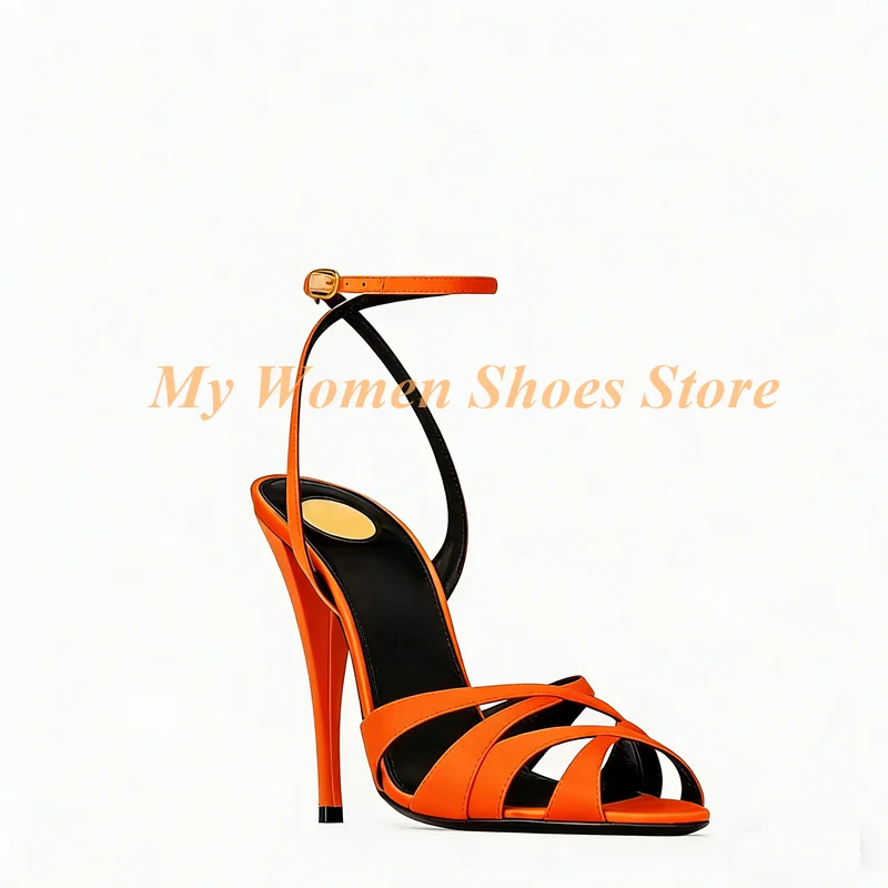 Cross Strap Open Toe Sandals Ankle Buckle Strap Stiletto Thin High Heel Cut Out Orange Champagne Satin Custom Made Women Shoes