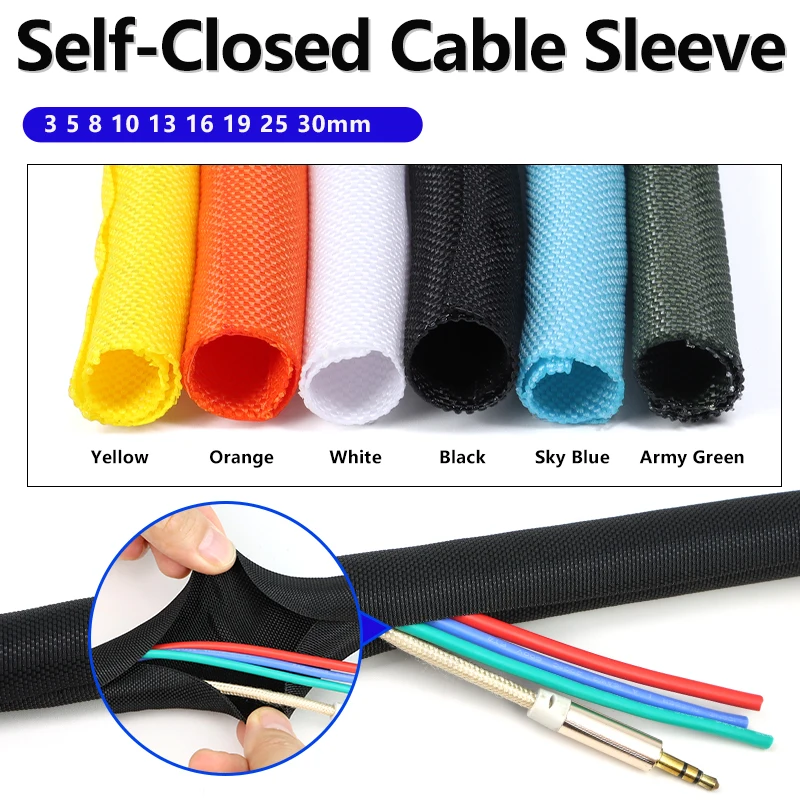 2/5M Self Closed PET Braid Cable Sleeve 3 5 8 10 13 16 19 25 30mm Auto Line Management Flexible Split Tube Wire Wrap Protect