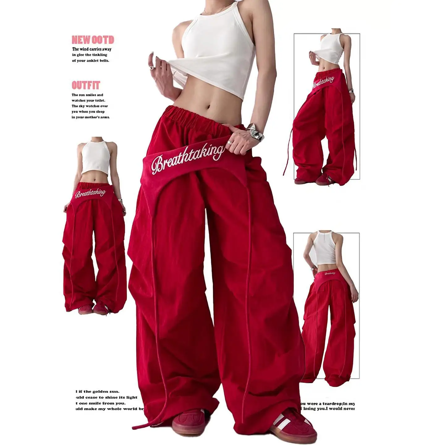 Trendige Hose mit weitem Bein für Damen mit ausgestelltem Saum, mehrlagigem Design, Bindedetails, Hip-Hop-Jazz-Retro-Casual-Loose-Fit-Chimitar-Hose