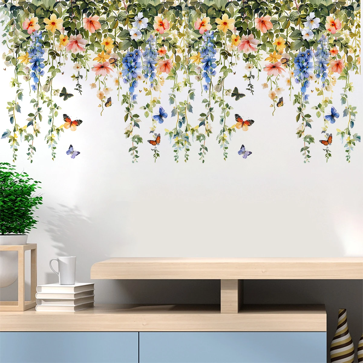 1PC Modern Style Green Plants Vine Flowers DIY Removable Butterfly Art Mural Girl Living Room Office Classroom Home Decoration