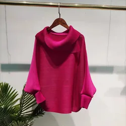 GGHK Miyake 2023 New Scarf Collar Batwing Sleeves Pullover Twice Pleated Thickness Loose Autumn Sweatshirt Women's Tops