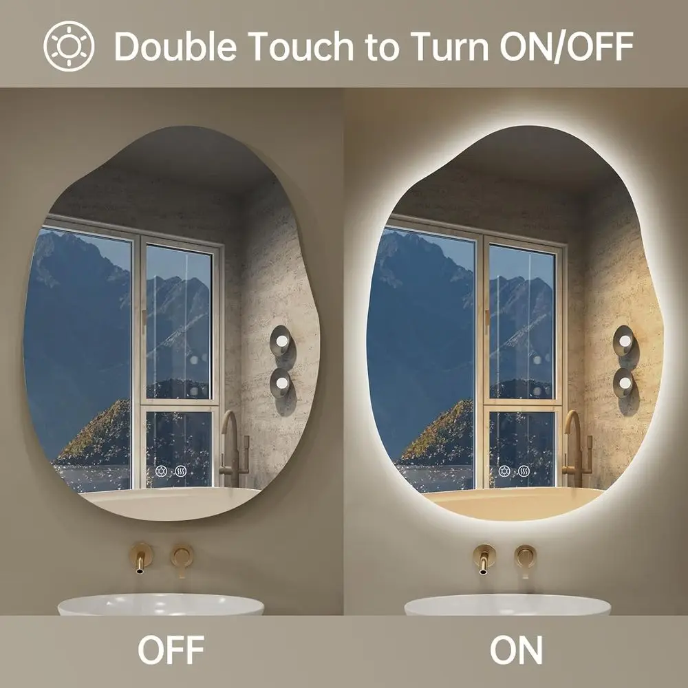 24x32 Inch LED-Illuminated Bathroom Mirror, Asymmetrical Design, Fogless, Dimmable, 3 Color Options, Horizontal/Vertical Mount