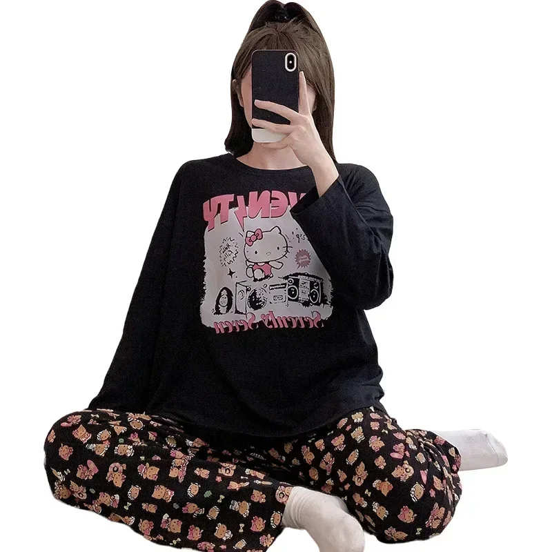 Sanrio Hello Kitty Autumn Crew Neck Loose Women\'s Pajamas Two-piece Cartoon Homewear Silk Pajamas Women\'s Pajamas Pants Set