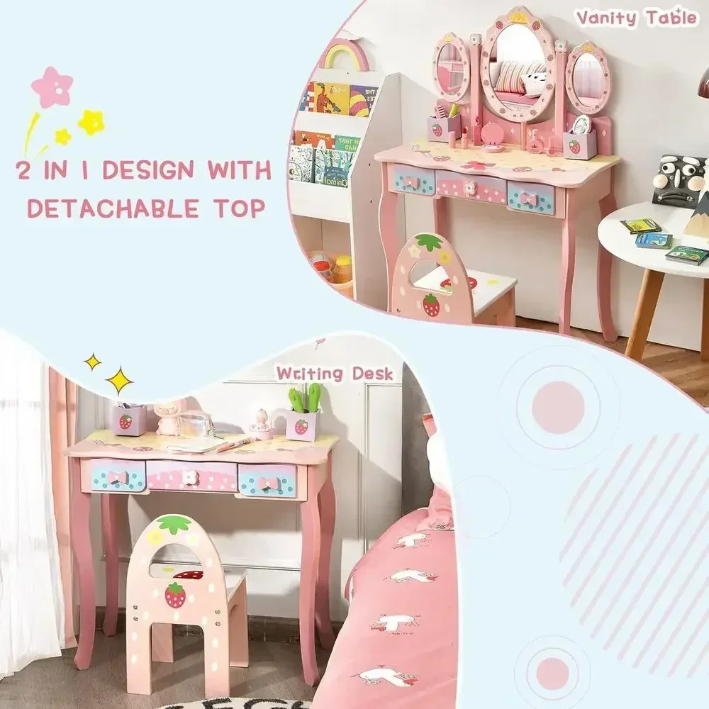 2-in-1 Pink Strawberry Wooden Dressing Table and Chair Set with Folding Mirror, Stool, Storage Drawers, and Pretend Makeup for T