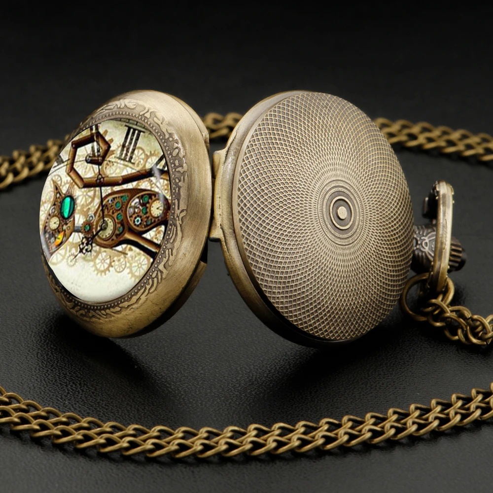 New Mysterious machine Cat Bronze Vintage Quartz Pocket Watch Women Men Necklace Unique Pendant Clock Watch Gift Accessories