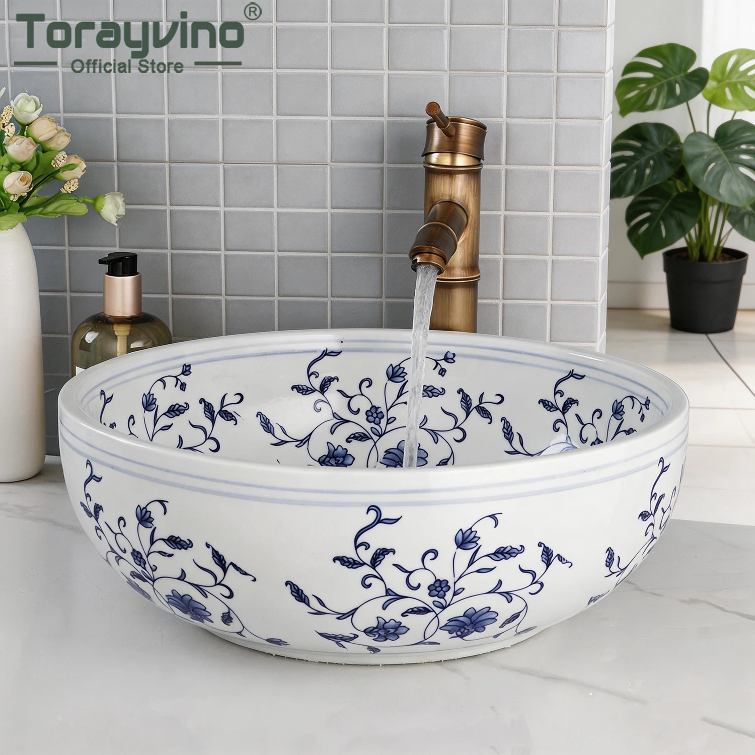 Torayvino Blue and White Porcelain Ceramic Lavatory Bathtub Mixer Washbasin  Bathroom Vessel Sink Faucet Set with Pop-up Drain
