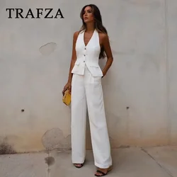 TRAFZA 2024 Spring Summer Casual Women Solid Suits Fashion V Neck Halter Single Breasted Vests+Chic High Waist Wide Leg Pants