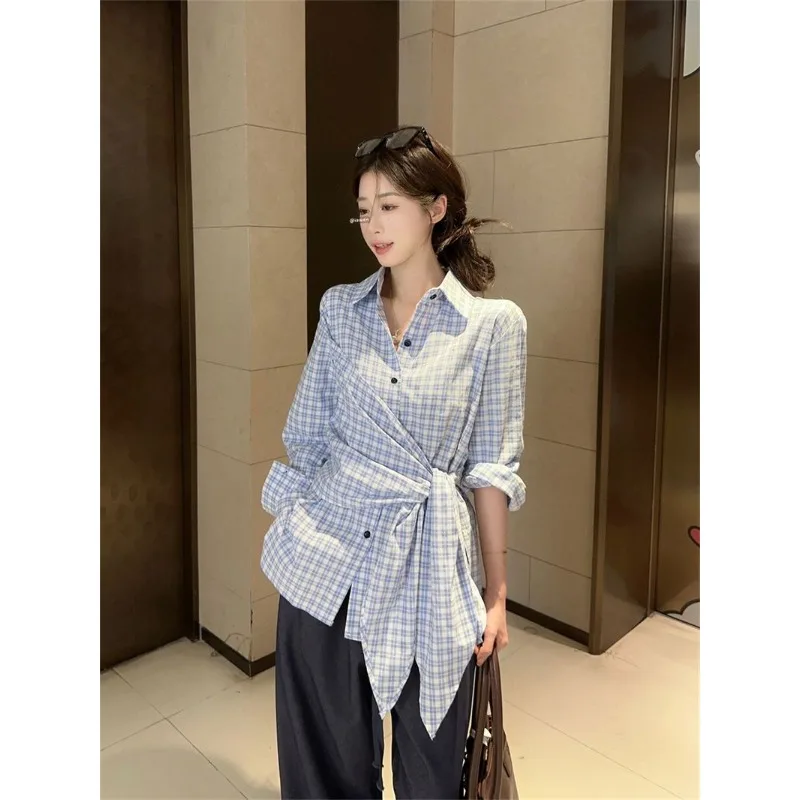 

SuperAen Spring New Korean Style Retro Long-sleeved Shirt Design Lace-up Waist Asymmetrical Single Breasted Shirts