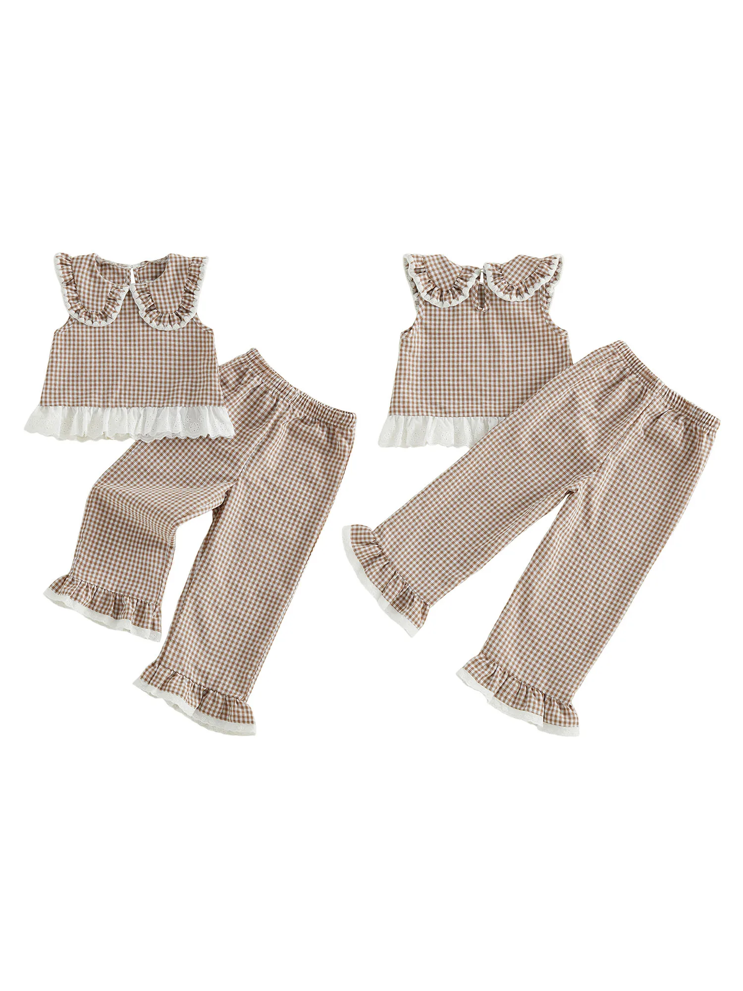 

Adorable Infant Girls Stylish Lace-Trimmed Plaid Doll Collar Sleeveless Top and Pants 2-Piece Set for Summer Fashion