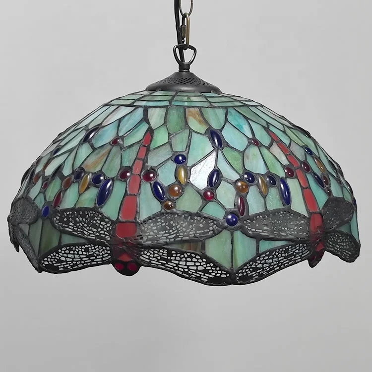 Style Chandelier 16 Inch Wide Red Dragonfly Stained Glass Lamp Handmade Ceiling Light Vintage Decoration