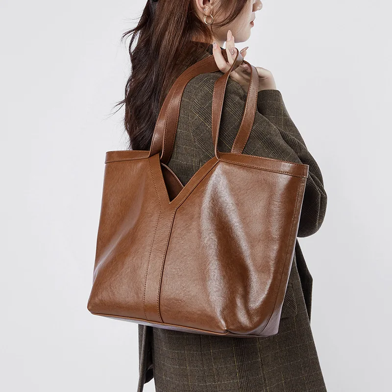 100% Genuine Leather Vegetable Tanned Tote for Women, 2026 New Large Commute With Pouch, Сумка Женская