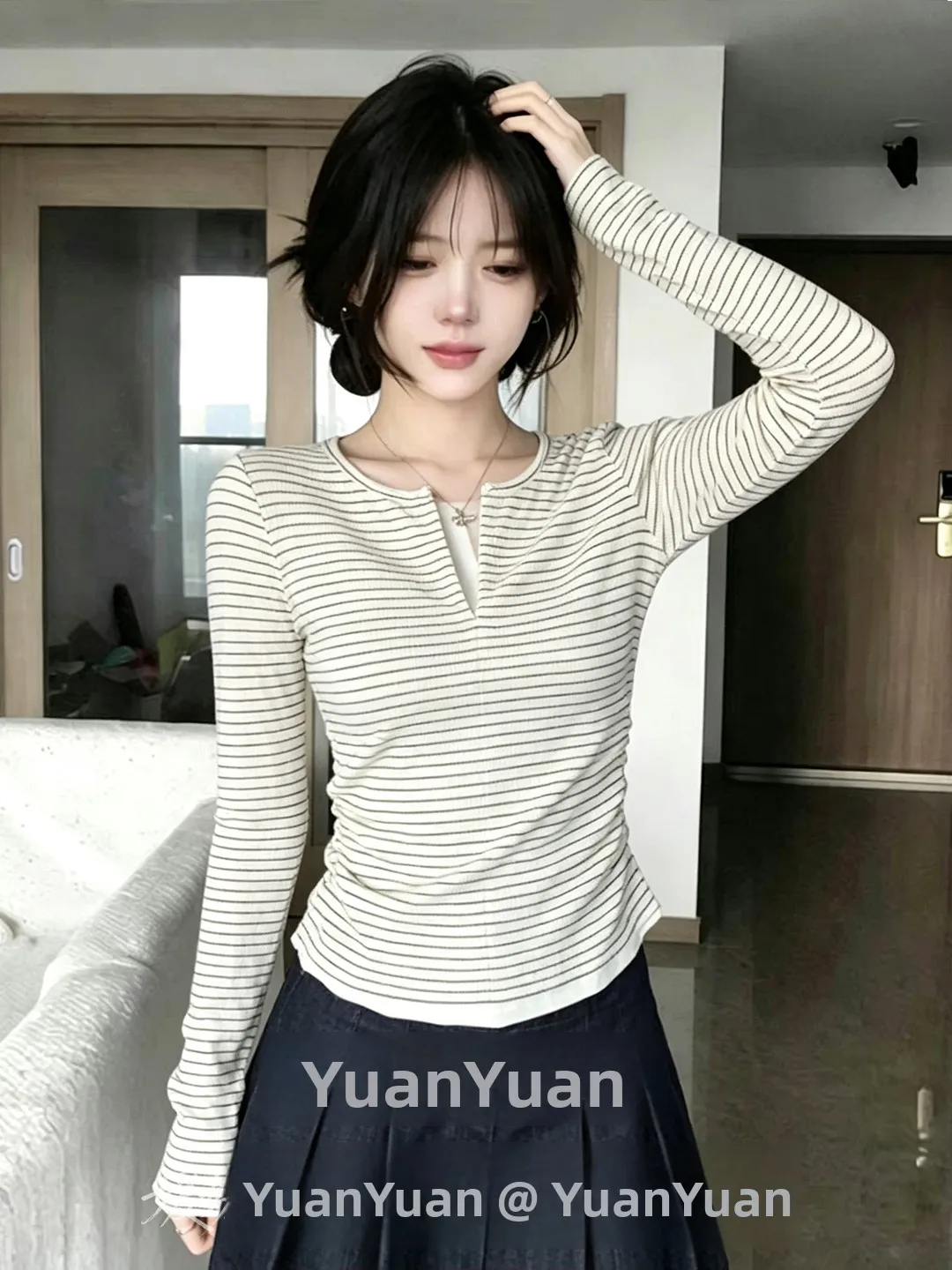 Soft Gentle First Love Stripe Long Sleeve Women's T-shirt Inner Wear Slimming Base Layer Top Casual Style Standard Fit