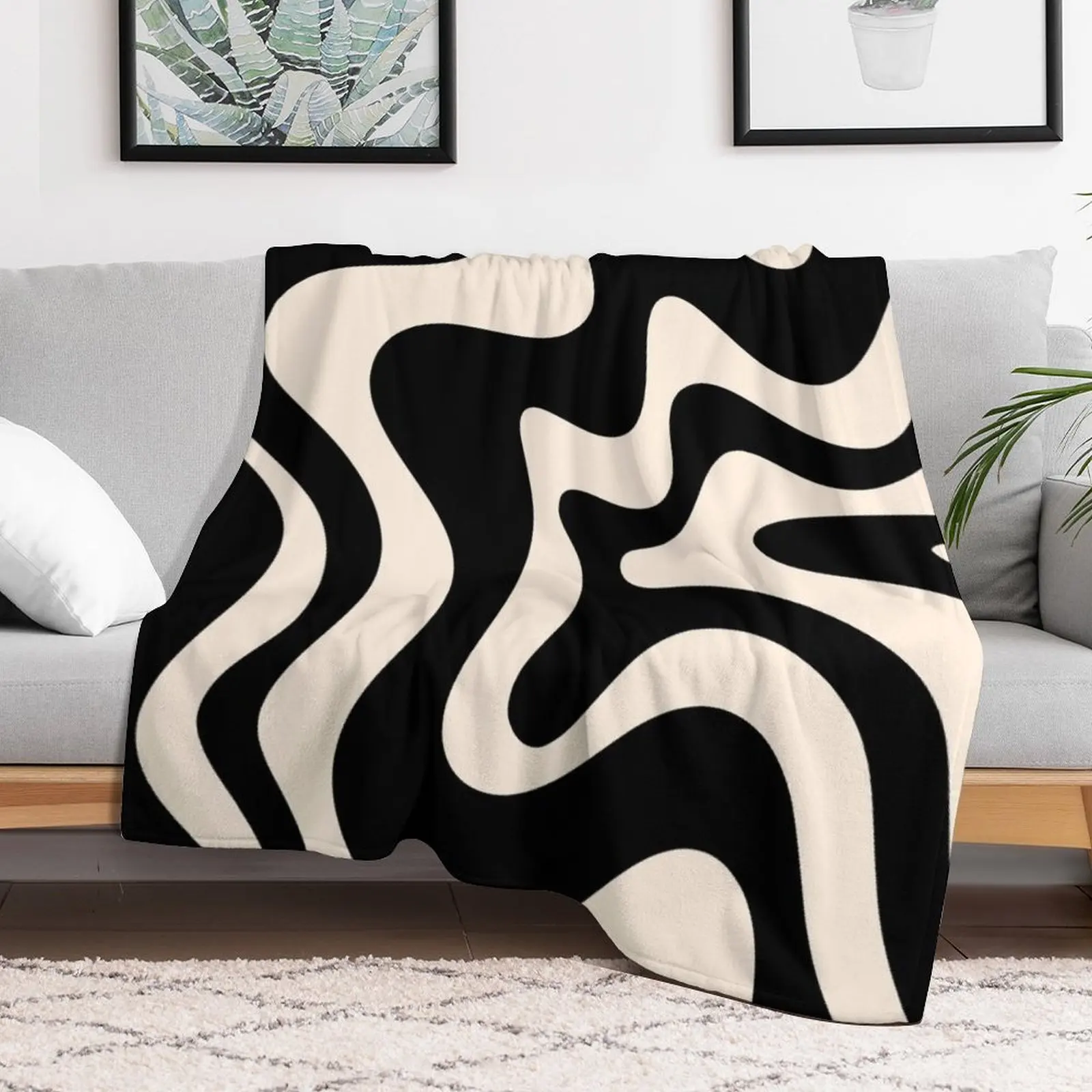 Retro Liquid Swirl Abstract Pattern in Black and Almond Cream Throw Blanket decorative For Decorative Sofa Blankets