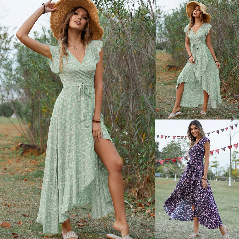

2025 Women's European And American New Bohemian V-neck Strap Vacation Dress