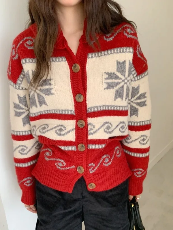 

Cisas Aosphere Faionable Winter Snowflake Color Blo Fair Isle Sweater Coat Women's Loose Fit Open Cardigan Korean S...